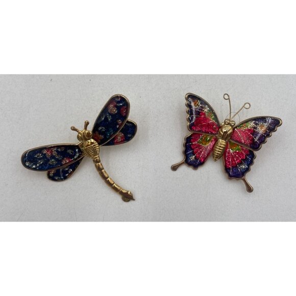 Vintage Dragonfly & Butterfly Enamel Brooch Set Vibrant Gold Tone Insect Pins - Picture 4 of 4